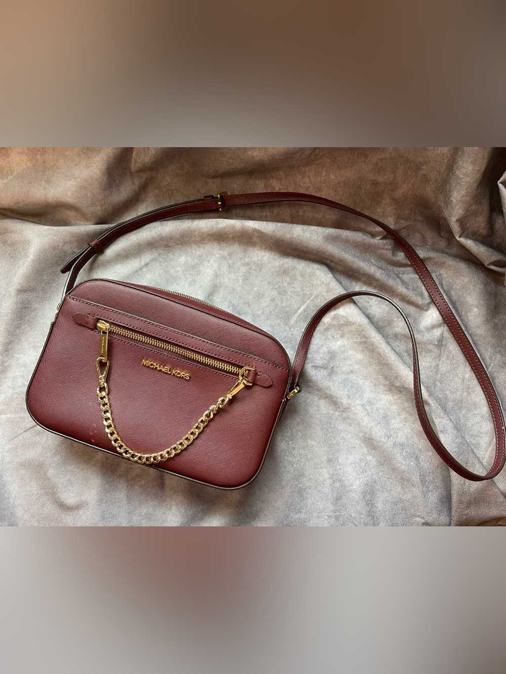 Michael Kors Wine Leather Crossbody with Gold Chain Trim